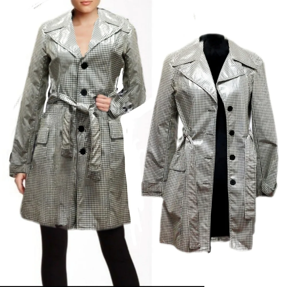 Laundry Shelli Segal Womens B&W Small Gingham Button Trench Coat w/ Sheen Sz 4 - Picture 2 of 7